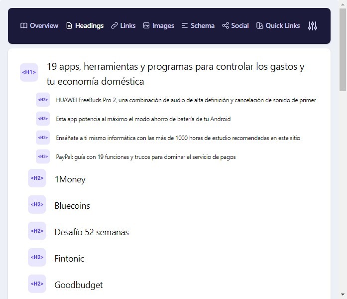Análisis de encabezados con SEO Detailed Extension