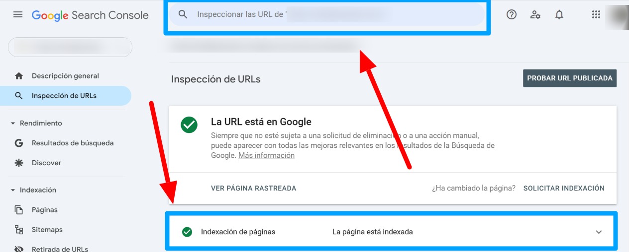 Captura de la función de Inspección de URLs de Search Console